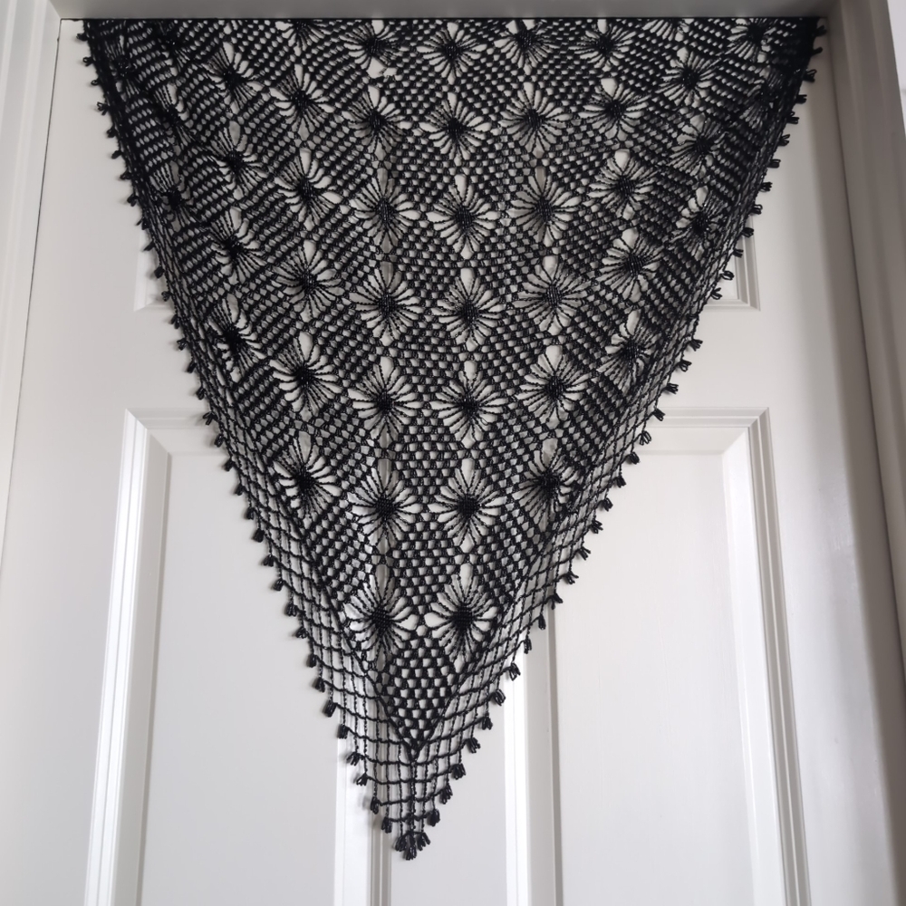 Black crochet shawl with beaded fringe (damaged)